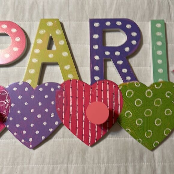 PARIS Love Hearts Multi Girl’s Room Mud Room Bathroom Wooden Hanger Decor - Picture 3 of 16